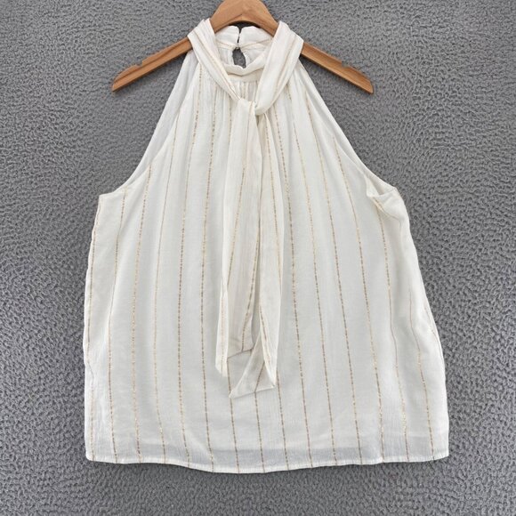 LOFT Top Womens Large White Gold Shimmer Stripe Halter Neck Sleeveless Tied Neck - Picture 1 of 11